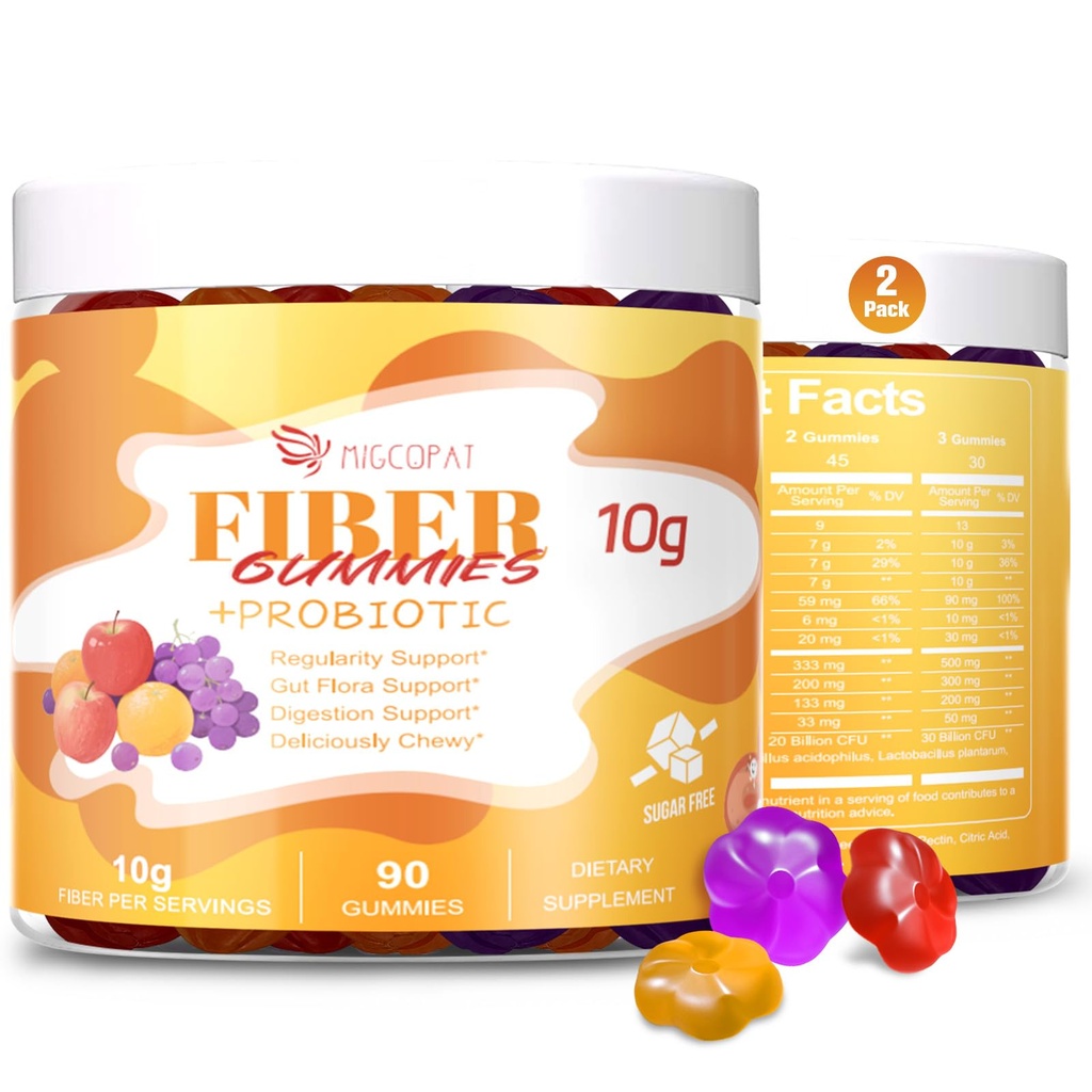 Migcopat 10G Fiber Gummies for Adults - Support Digestive Health - Fiber Supplement with 30 Billion CFU Probiotics Blend, ACV, Vitamin C, Inulin - No Sugar Added - Fruit Flavored - 180 Count
