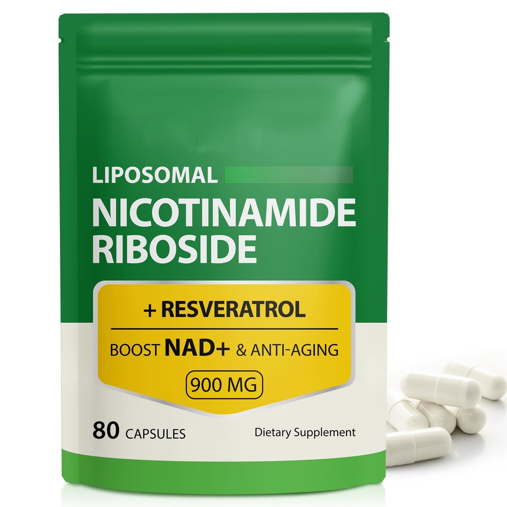 NAD Supplement, 900mg - Liposomal Nicotinamide Riboside NAD+ Supplement met Resveratrol Ondersteunt spier, hersenen, Cellular Energy - NMN Supplement Alternatief voor mannen en vrouwen, 80 capsules (verpakking van 1)