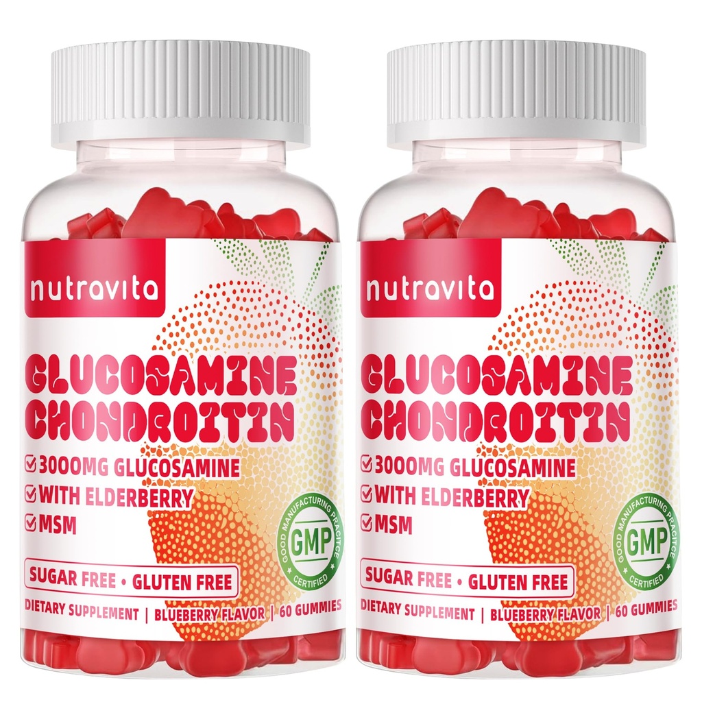 Nutravita Glucosamine Chondroitin Gommies avec MSM & Elderberry Extra Strength - Joint Support, Supplément de soutien immunitaire antioxydant pour adultes, hommes et femmes. 120 Chews fraises