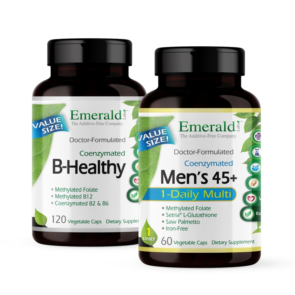 EMERALD LABS bundel met B gezonde (120 Veg Caps) & mannen 45+ 1-Daily Multi (60 Veg Caps) - Vegan Vitamin B Complex met volledig spectrum B Vitaminen - Mannen Multivitamine met CoQ10, Lycopeen & More