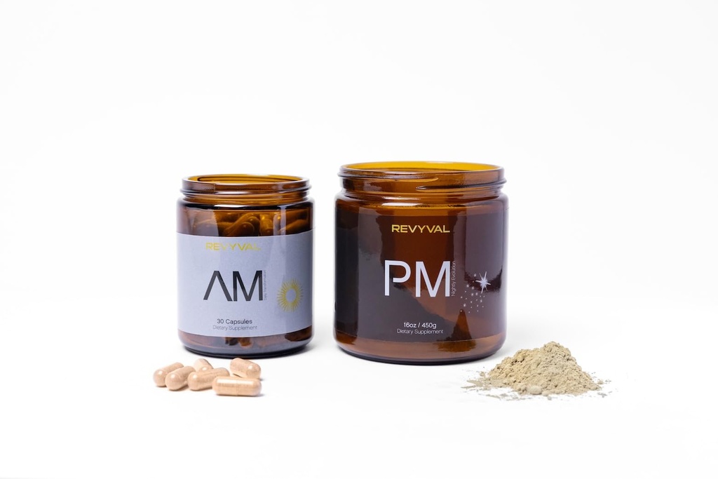 REVYVAL AM/PM Energy Supplement System | NMN 500mg, Ubiquinol 200mg, Trans-Resveratrol 500mg, and More | Energy, Recovery & Sleep Support | Capsules and Powder | 30 Day Supply