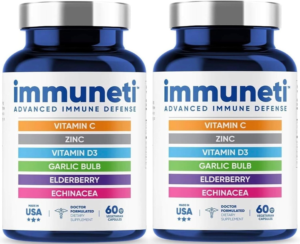 Immuneti - Advanced Immune Defense, 6-in-1 Krachtige Blend van Vitamine C, Vitamine D3, Zink, Vlierbessen, Knoflook Bulb, Echinacea - 2 Pack - Ondersteunt algemene gezondheid