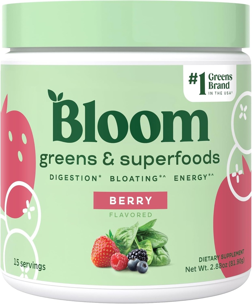 Bloom Nutrition Superfood Greens Powder, Digestive Enzymes w/Probiotica & Prebiotica, Gut Health, Bloating Relief for Women, Chlorella, 15 SVG (15 Servers (pakket van 1), Berry)