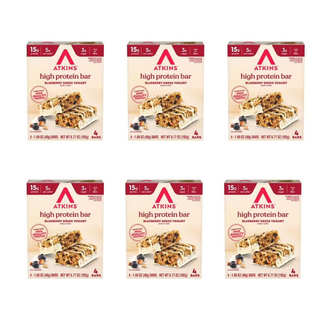 Atkins Blueberry Greek Yogurt Flavor, High Protein Bar, 15g Protein, 3g Sugar, 5g Net Carb, High Fiber Snacks, Keto Friendly Protein Bars, 4 Count (Pack of 6)