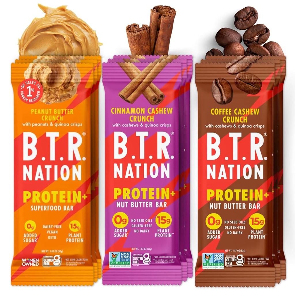 B.T.R. Nation Vegan Keto Plant Based Protein & Fiber Bars - High Protein (Sampler Pack) | (9 Pack) | Low Carb & GF, Free of Sugar Alcohols, Dairy, Soy and Boosted with Powerful Superfoods!