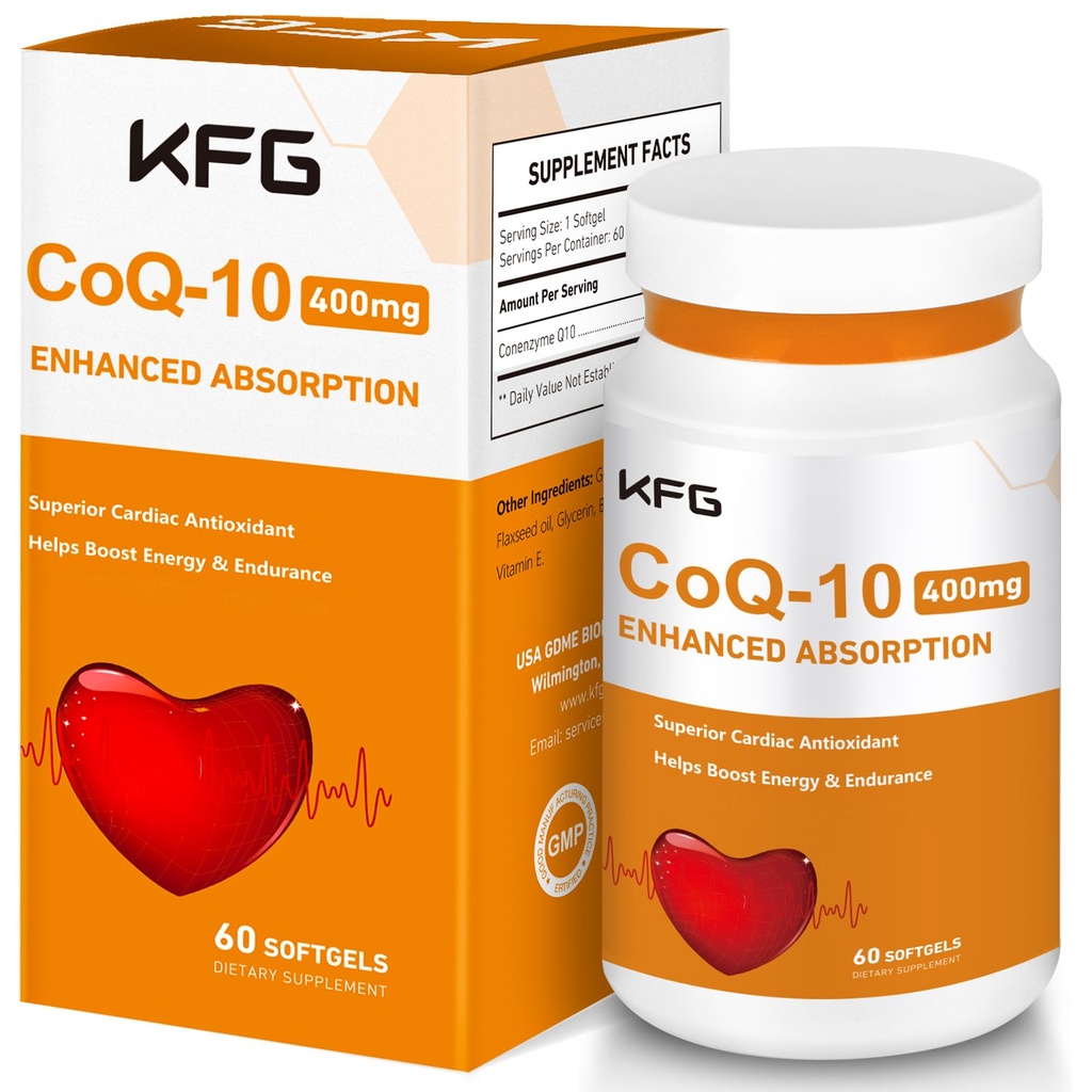 KFG CoQ10 400mg Softgels, Coenzyme Q10 suppléments soutiennent la santé cardiaque, la santé cardiovasculaire, le système immunitaire et la production d'énergie cellulaire, sans gluten