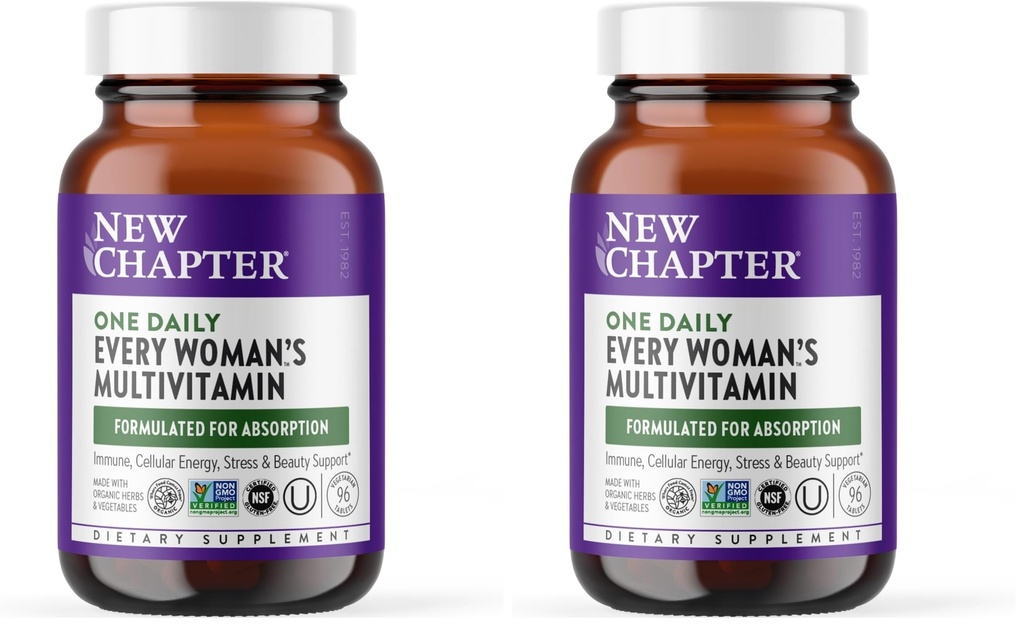 New Chapter Women’s Multivitamin, Iron, B6, B12, Biotin for Hair Growth, D3, VIT C, Zinc for Immune & Stress, Gentle on an Empty Stomach, Daily, Non-GMO, Gluten-Free, 18+, 96 Tablets, (Pack of 2)