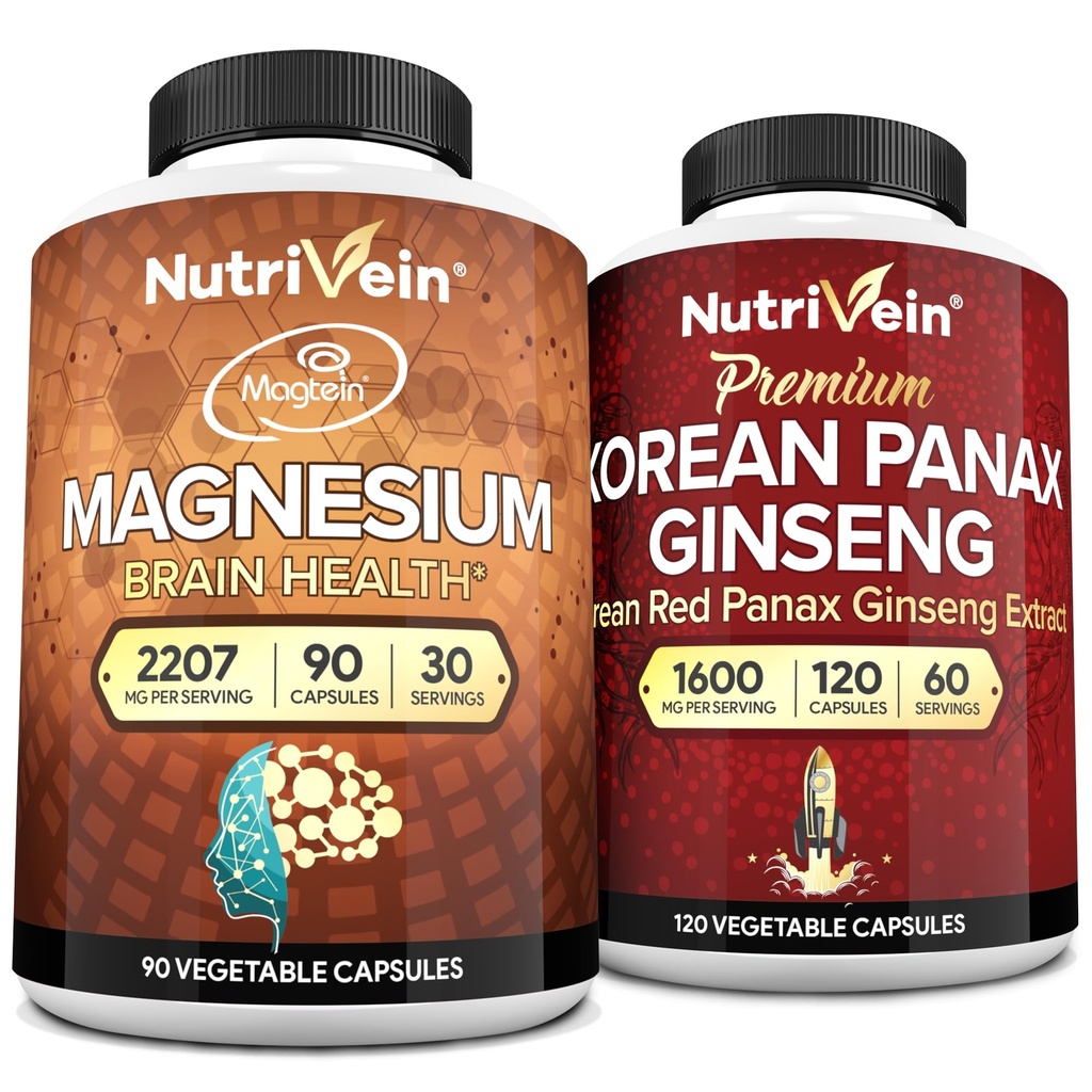 Nutrivein Premium Magnesium L-Threonate & Panax Ginseng Supplement Bundle: High-Absorptie Magnesium Threonate en Red Ginseng Supplement Pair for Brain, Mood, & Vitality