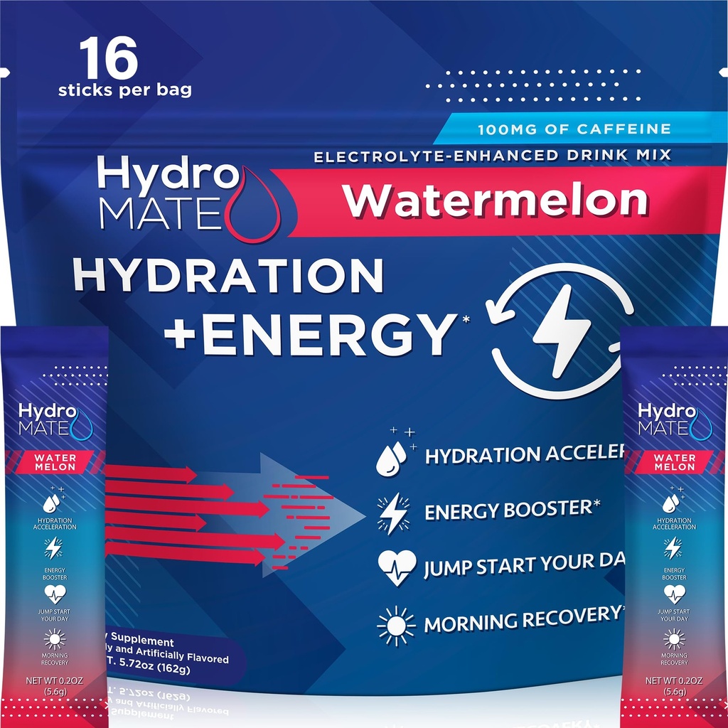 NatureWorks HydroMATE Electrolytes Powder Drink Mix Packets Hydration Accelerator Low Sugar Rapid Party Relief Recovery Vitamin C Plus Caffeine Watermelon 16 Count