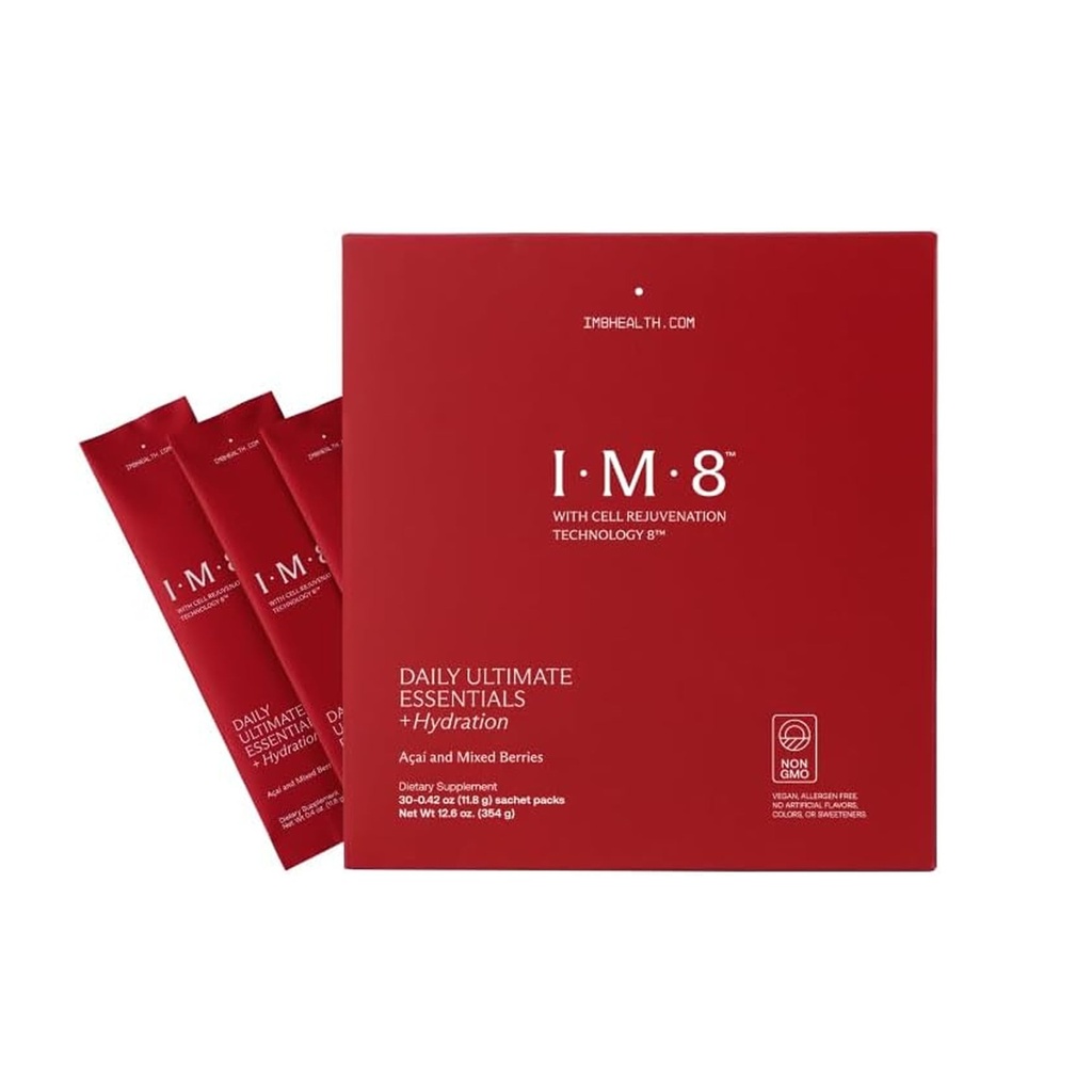 IM8 Daily Ultimate Essentials All-in-One Multivitamine Supplement, 92 Nutrient Rich Ingrediënten CoQ10, Probiotica, Vitaminen, Groenen, Glutenvrij, Veganistisch, Acai Mixed Berry (30 Serves, Travel Packs)