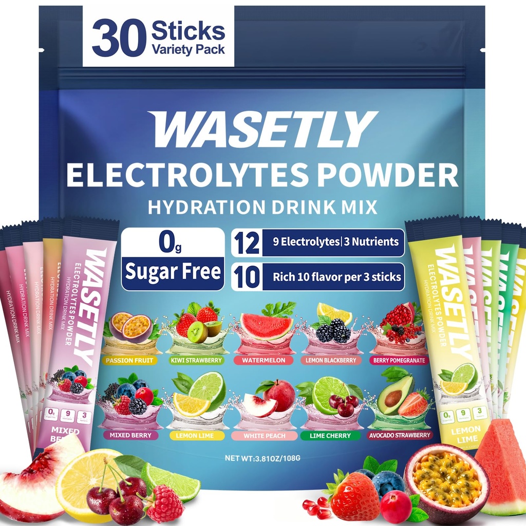 Electrolytes Powder Packets Sugar Free Hydration Packets, 30 Sticks 10 Flavors Electrolyte Packets Drink Mix Liquid Daily IV for Low Sodium Calorie, 9 Electrolytes, 3 Vitamins