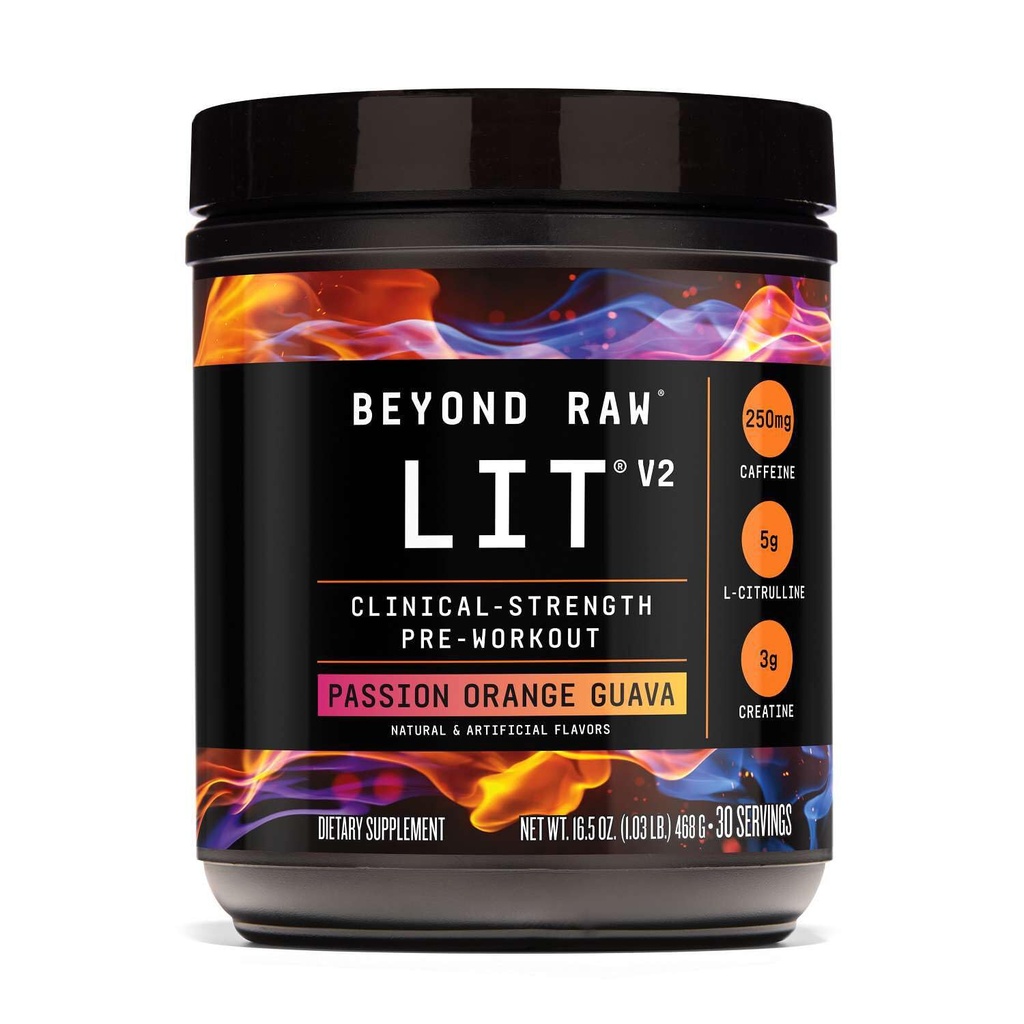 BEYOND RAW LIT V2 Clinical Strength Pre Workout Powder, Hits Harder, Bigger Pumps, Caffeine, L-Citrulline, Creatine, Passion Orange Guava, 30 Servings