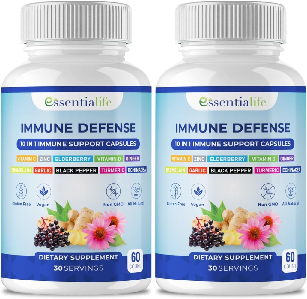 Immuunondersteuningssupplement - 2 verpakkingen 10 in 1 vlierbes, echinacea, vitamine D, vitamine C 1000mg en zinksupplement - met Immuun Booster voor volwassenen - 120 vitamines Capsules