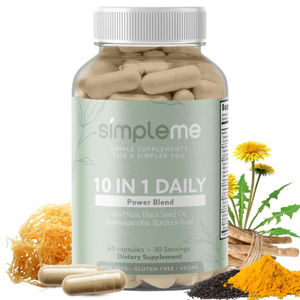 Bardock Root Organic et Bladderwrack 10 in 1 Immunity Booster Power Blend avec Irish Sea Moss, Ashwagandha et Supplément de graines noires pour hommes et femmes, Seamoss Pills Herbal, Vegan - 60 Capsules