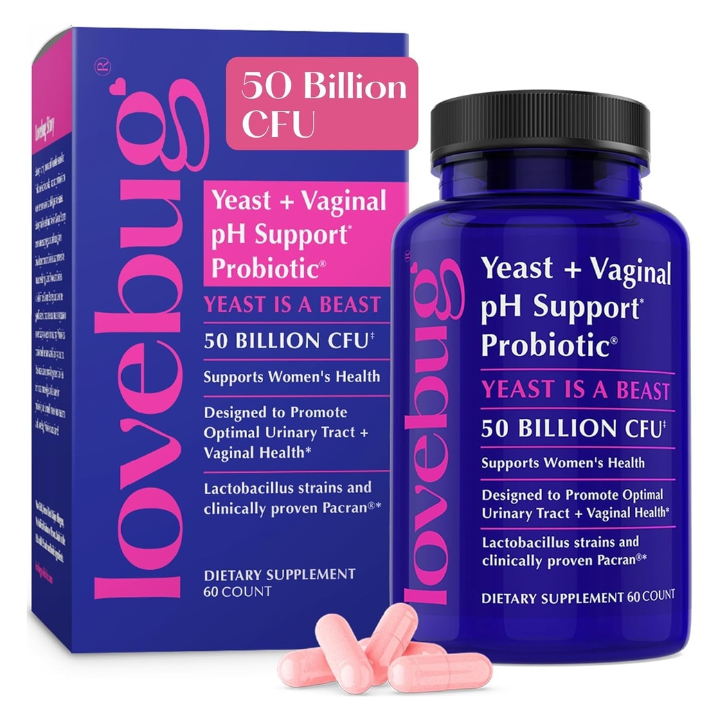 Lovebug Levure et probiotiques vaginaux pour les femmes pH Balance & Urinaire Tract, 50 Million CFU, UTI, BV, Odor Support avec Lactobacillus, Bifidobacterium, Supplément de santé digestif et vaginal 60 Capsules