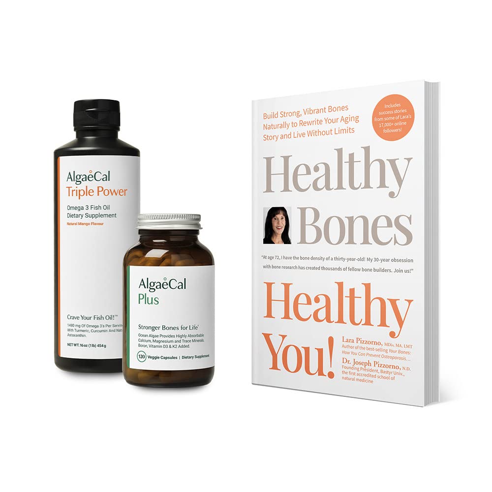 ALGAECAL Bundle - Calciumsupplement met vitamine D + K2, Mag, Boron & Omega 3 Visolie met EPA & DHA en boek van Lara Pizzorno Gezonde Bones Gezond U, om Bone Health te verhogen