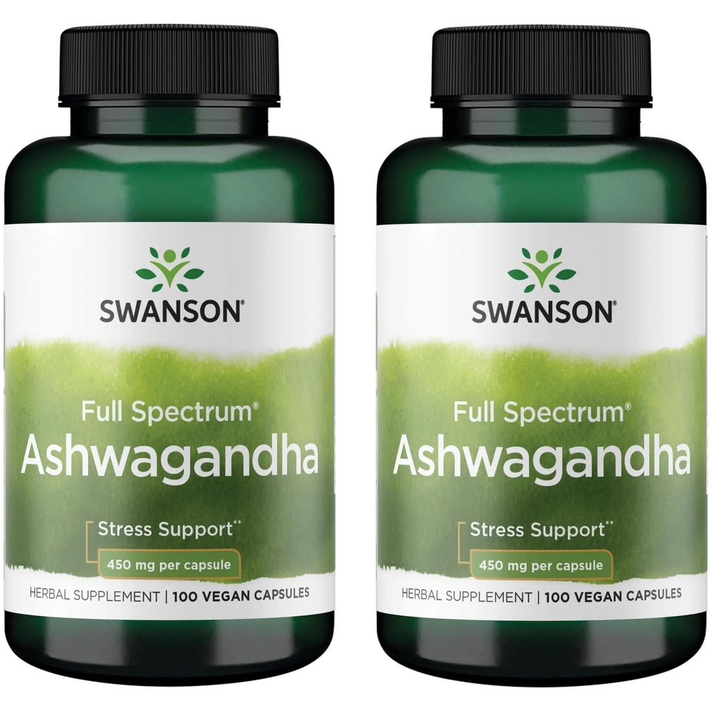 Supplément en poudre de Swanson Ashwagandha - avec racine d'Ashwagandha pour promouvoir le stress et l'énergie - Supplément ayurvédique pour le bien-être naturel (100 capsules, 450mg chacune) 2 Pack