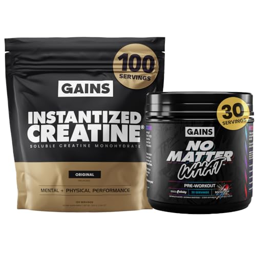 Gains in Bulk Instantized Creatine & No Matter What Pre Workout Powder Bundle, Soluble Creatine Powder, Paraxanthine, Amino Acids & L Theanine, 130 Servings