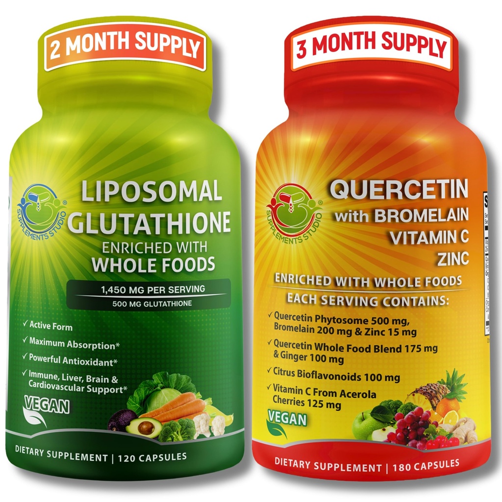 Glutathion liposomique 500mg & Quercetine avec Bromelain, Zinc et Vitamine C – Ensemble de soutien antioxydant et immunitaire avec mélanges organiques entiers d'aliments – Formule de santé respiratoire Vegan, non-OGM