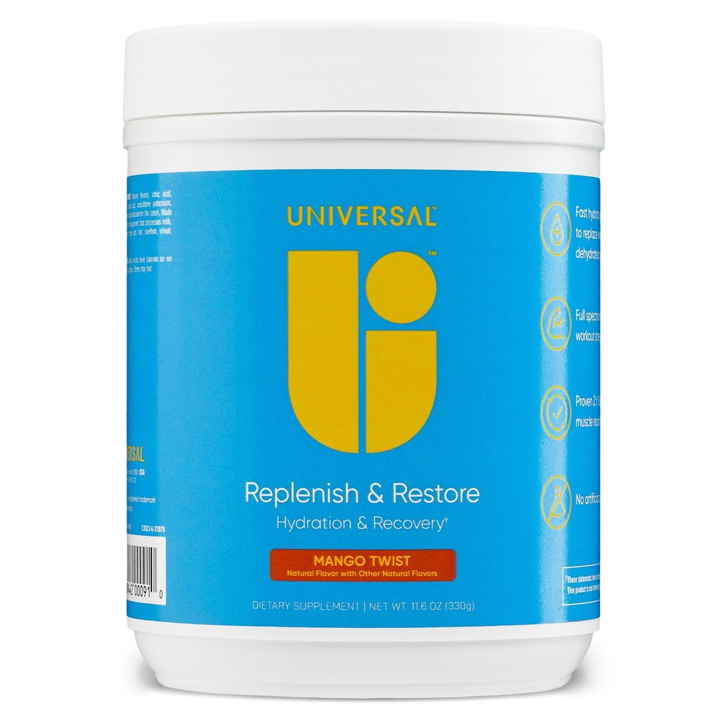 Universal U Replenish & Restore Powder, Hydration & Recovery, bevordert spierherstel en groei, aangepaste dosering, L-Lysine, L-Glutamine, L-Tryptofaan, Geen kunstmatige smaken, 30 Servers (Mango Twist)