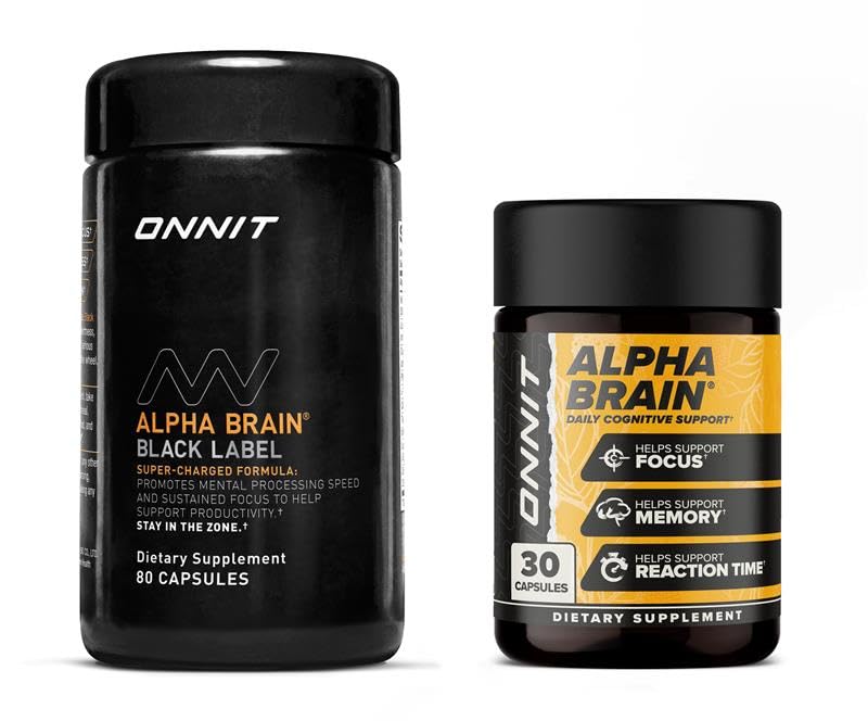ONNIT Cognitive Performance Bundle: Alpha Brain Nootropic Capsules (30 Count) + Alpha Brain Black Label Capsules (80 Count), IGEN Non-GMO Tested Focus, Mental Clarity & Concentration, Pack of 2