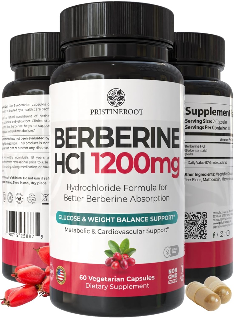 Berberine Supplement 1200mg – Organic Berberine Weight Loss, Metabolic & Heart Health Support – High Absorbency Pure Berberine HCl Formula – 60 Capsules