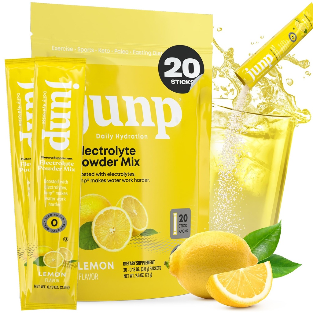 JUNP Sugar Free Electrolytes Powder Packets for Water Instant Hydration Packets with Salt & Potassium, Zero Calorie, No Carbs, No Sugar Electrolyte Drink Mix Sticks, Keto Friendly, Lemonade 20 Pack
