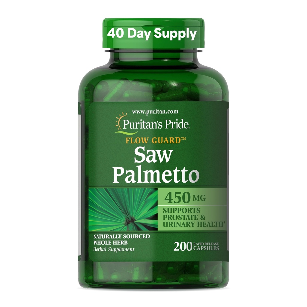 Puritan's Pride Flow GuardTM Saw Palmetto Extract 450mg, complément alimentaire naturel à base de plantes à base de plantes traditionnelles pour les hommes prostate et soutien sanitaire urinaire, 200 capsules à libération rapide