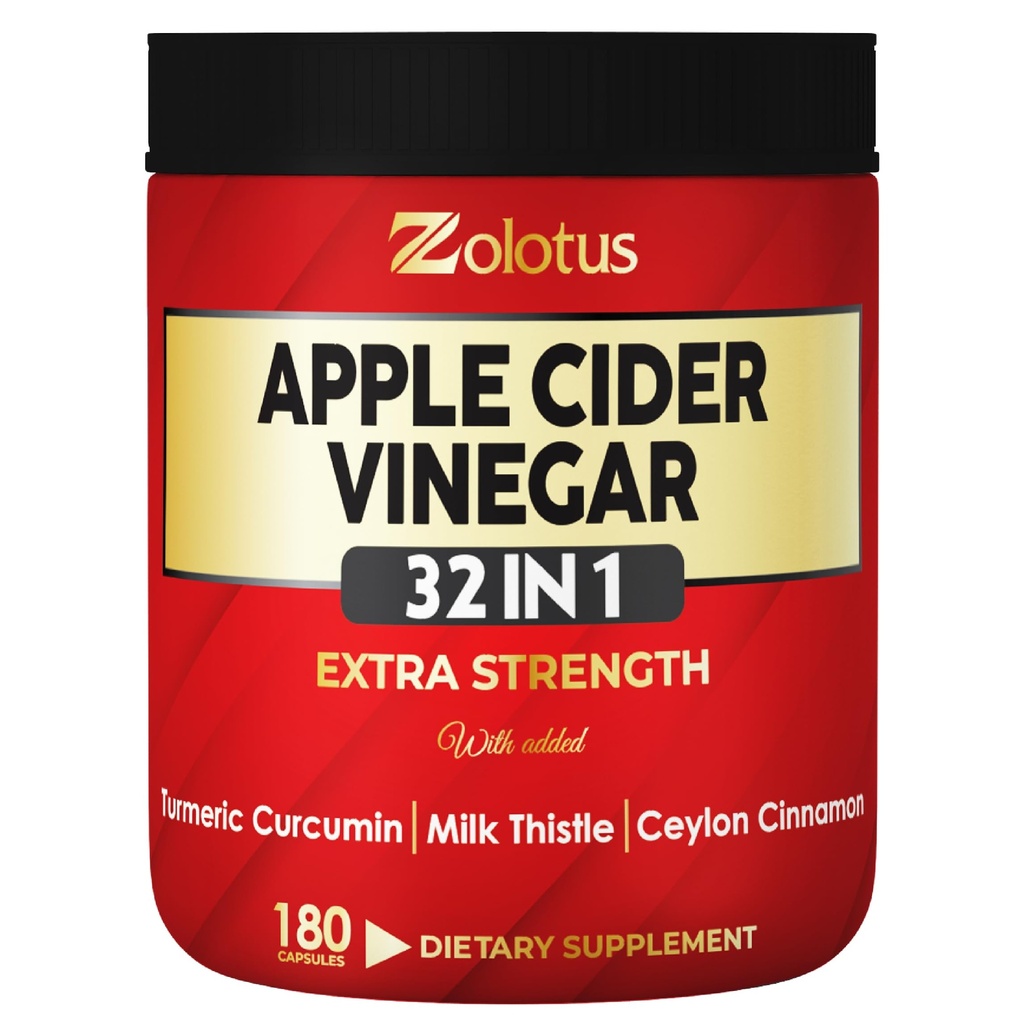 Zolotus 32in1 Apple Cider Vinegar Capsules with Turmeric, Cinnamon, Milk Thistle, Elderberry, Quercetin & More for Supports Digestie, Immune - 180 Capsules