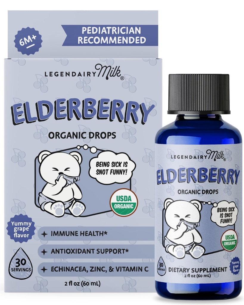 Legendairy Melk Biologische Vlierbessendruppels - Baby Multivitamine met Echinacea, Vitamine C & Zink voor Immune Ondersteuning - Ideaal voor baby's & peuters, Non-GMO - 30 porties