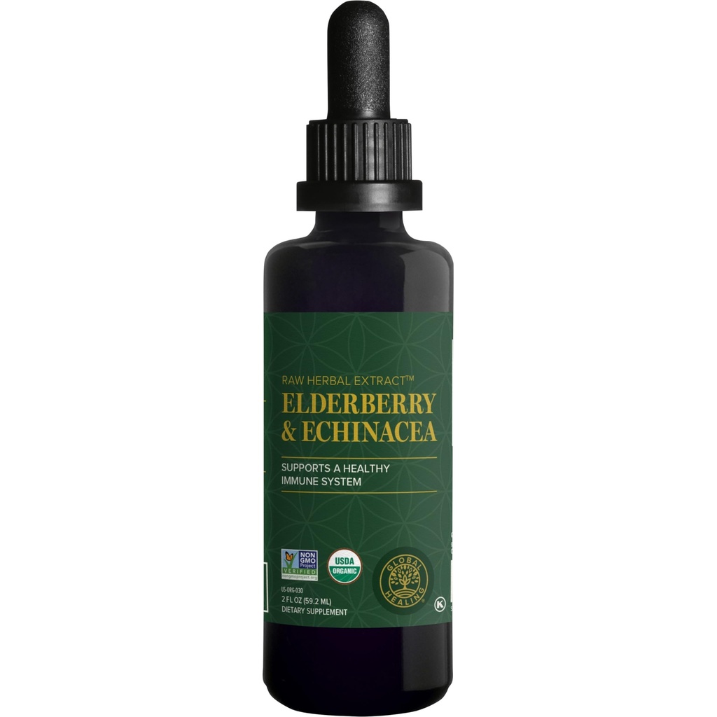 Global Healing USDA Organic Elderberry & Echinacea Liquid Supplement Tinctuur 