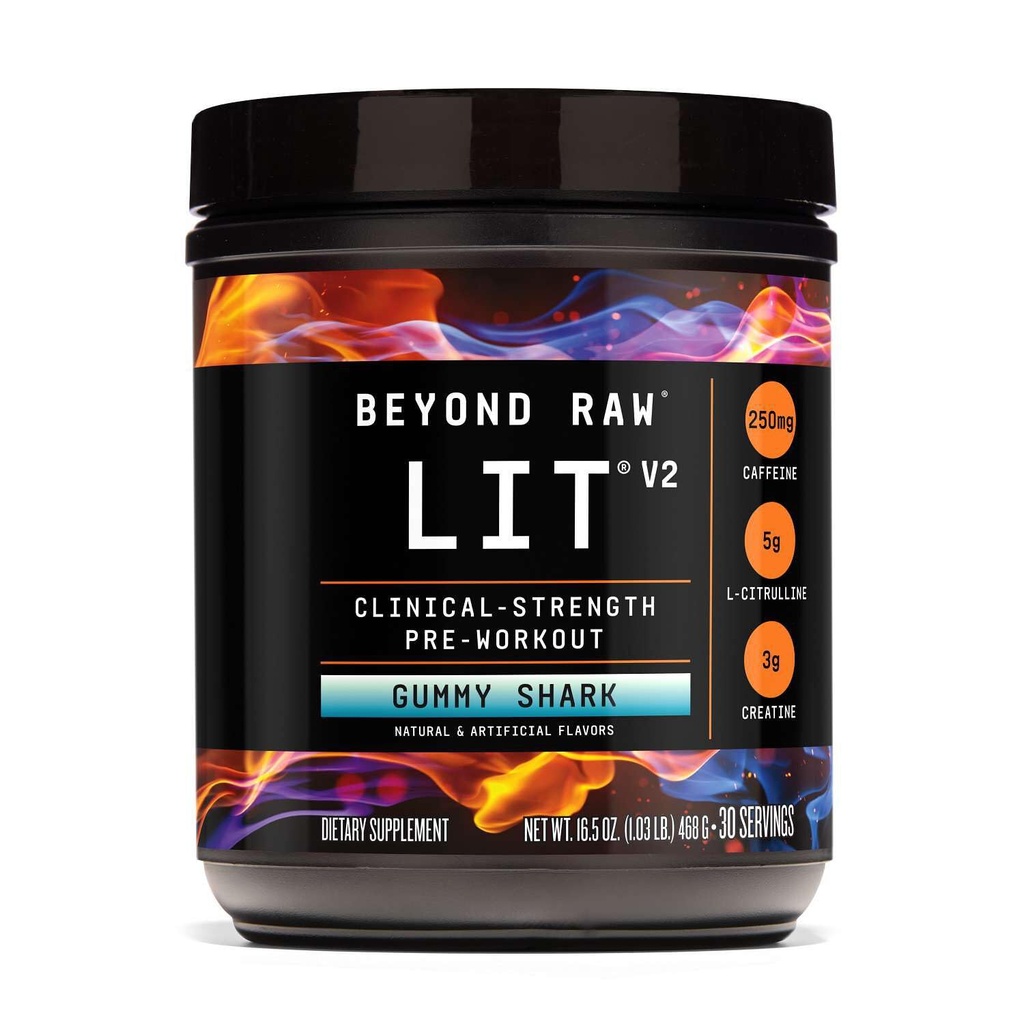 BEYOND RAW LIT V2 Clinical Strength Pre Workout Powder, Hits Harder, Bigger Pumps, Caffeine, L-Citrulline, Creatine, Gummy Shark, 30 Servings