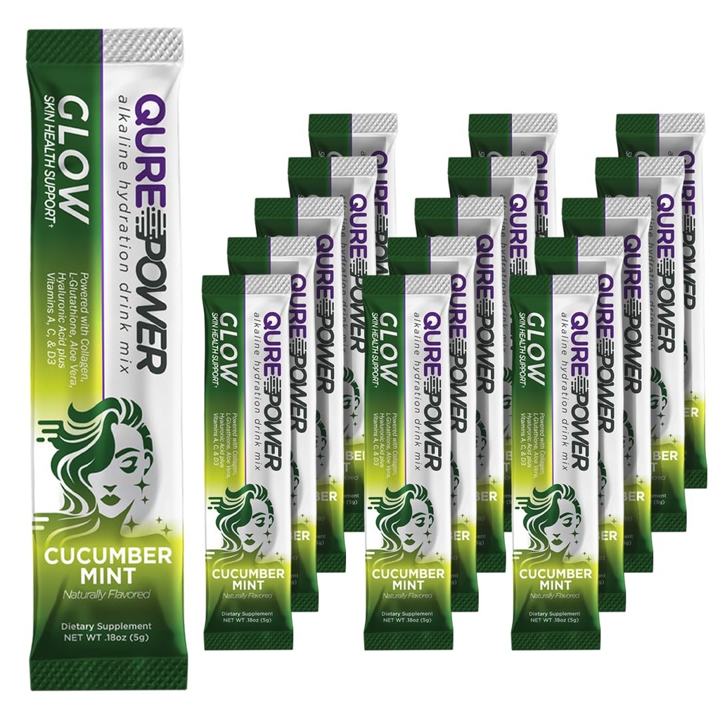 Qure Skin Glow: Alkaline Hydration Mix w/Collagen, L-Glutathione, Hyaluronic Acid - Daily Skin & Joint Support Drink Mix - Light Cucumber Mint (1)