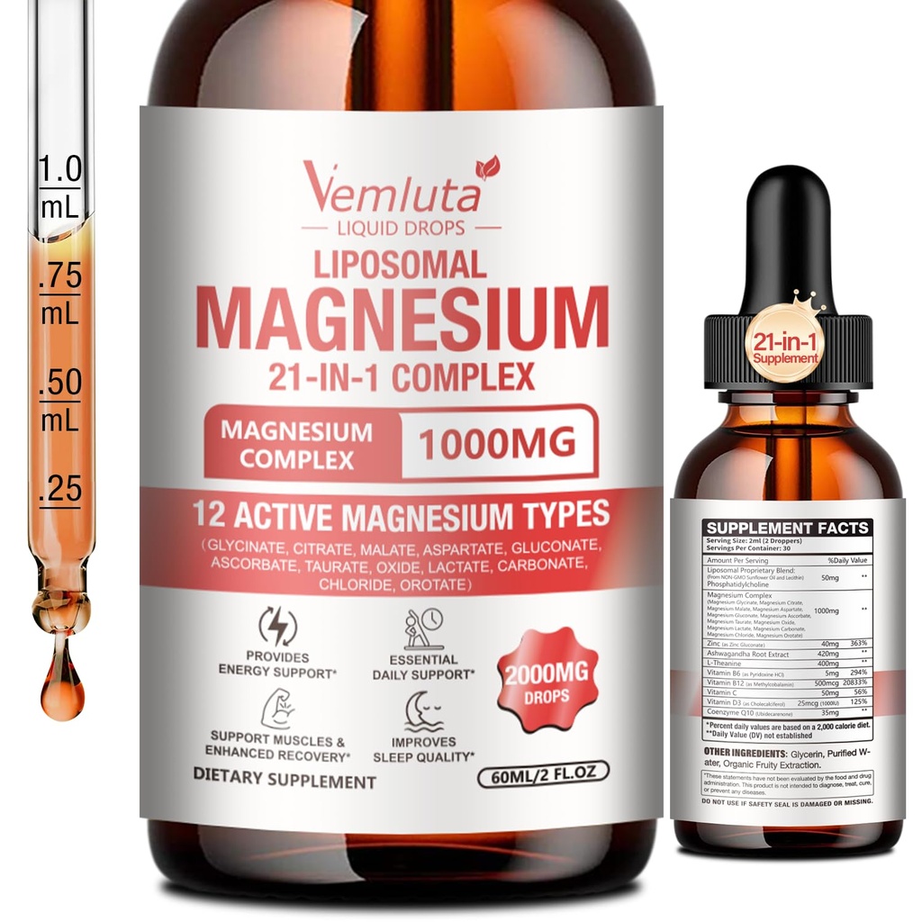 1 Pack 21-in-1 Liposomal Magnesium Complex Liquid Drops - 2X Absorption - with Magnesium Glycinate, Ashwagandha & L-Theanine, CoQ10 for Women and Men - Mood, Muscle, Heart & Nerve Support, 2 FL Oz