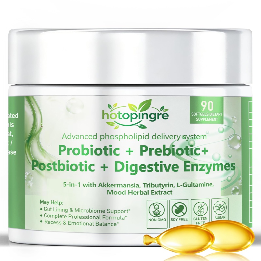 5-in-1 Probiotic Prebiotic & Postbiotic for Women Men, Akkermansia Probiotic w/Digestive Enzymes, Tributyrin, Prebiotic Sunfiber, Mood Herbal, Daily Complete Immune Gut Health Gas & Digestive, Vegan