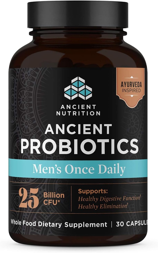 Ancient Nutrition Probiotics for Men, Ancient Probiotic Men's Once Daily 30ct, Digestive and Immune Support, Bloating, Gas and Constipatie Relief, Gluten Free, Superfoods Blend, 25 miljard CFUs*