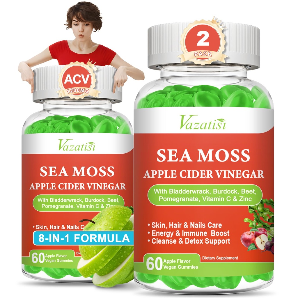 2 Pack Apple Cider Vinegar Gummies, ACV met Sea Moss Gummies voor Metabolisme, spijsvertering, Detox, Gut & Immune Health, Apple Flavored -120 Tel.
