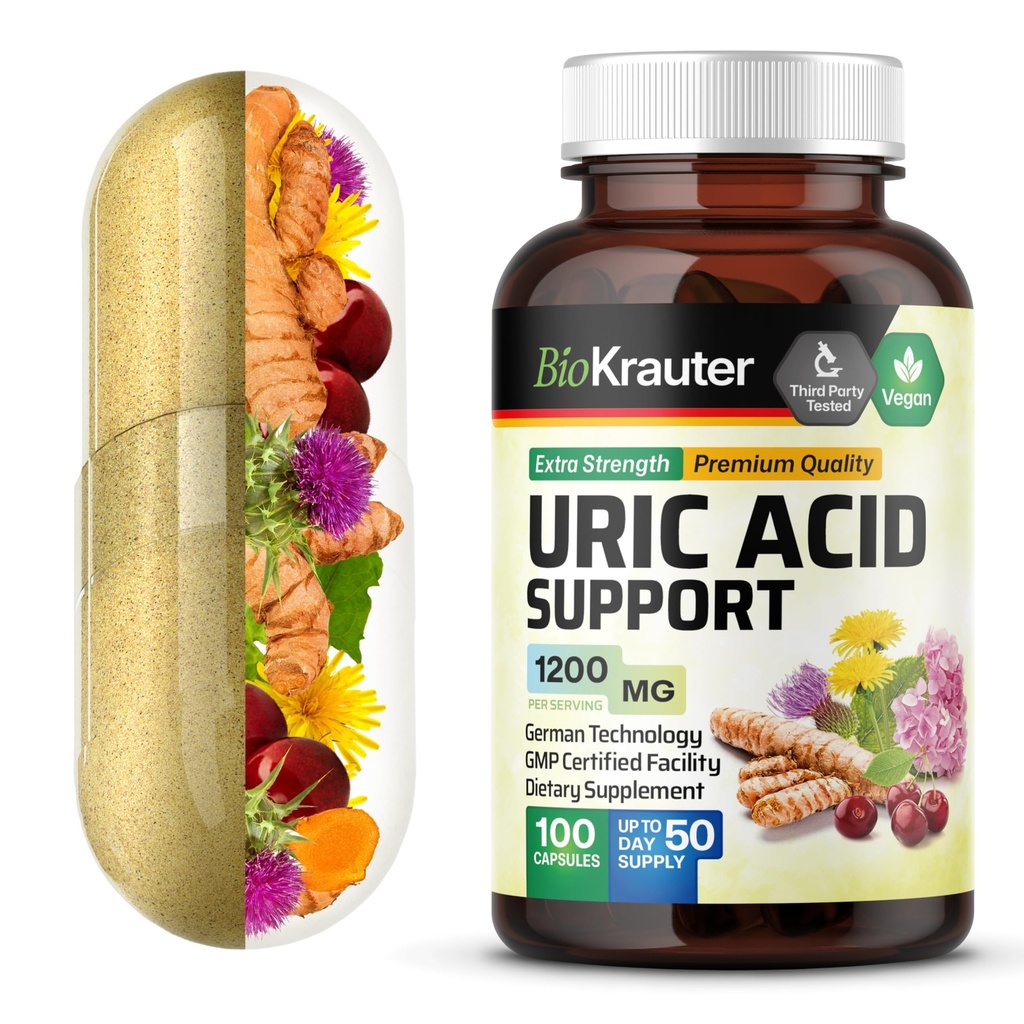 BIO KRAUTER Uric Acid Support Capsules 1200 mg Blend - 100 Tel - Niersupplement w/Tart Cherry 10:1 Extract - Melkdistel en Kurkuma Extract - Veganistisch