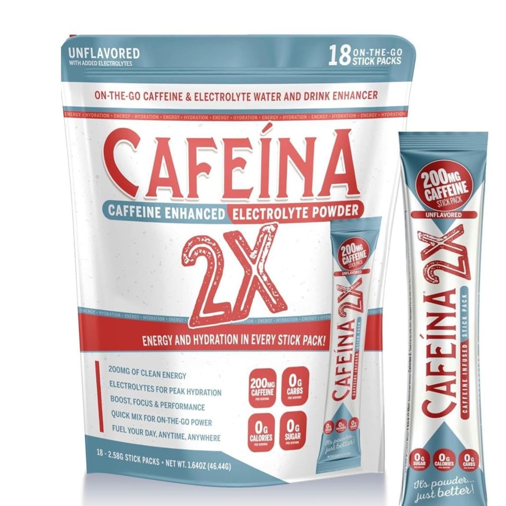 CAFEINA 2X - 200mg Cafeïne en Electrolyte Infunded Powder Stick Packs (18 Tellen)