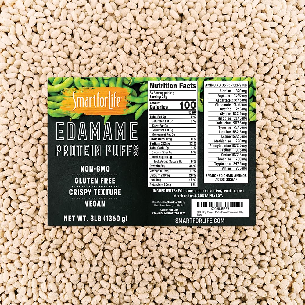 Smart for Life Soy Protein Puffs from Edamame - High Protein Zero Sugar Soy Protein Isolate Puffs - 20 Gram Proteine Snacks - Non-GMO, Gluten-Free - 3 Pound Box - 53 Servers - Soy Puffs...