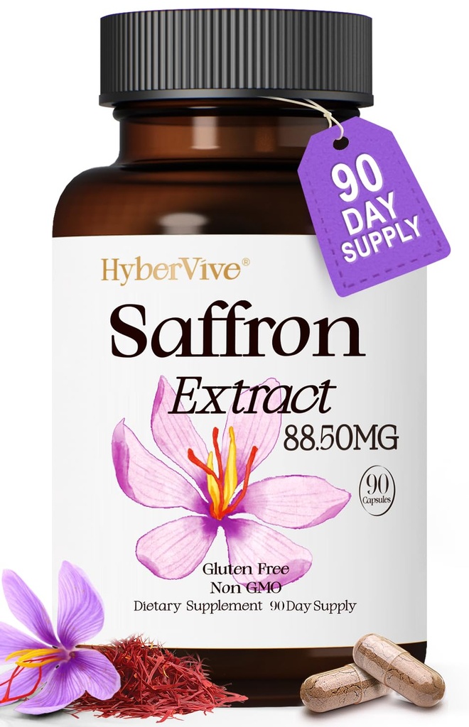 Safran Suppléments 88.5MG.90 Capsules Vegan, Extrait de Safran Happy pour Mood Energy Eye Focus Support pour les femmes et les hommes, 100% ingrédients purs, fabriqués aux États-Unis, sans OGM et sans gluten