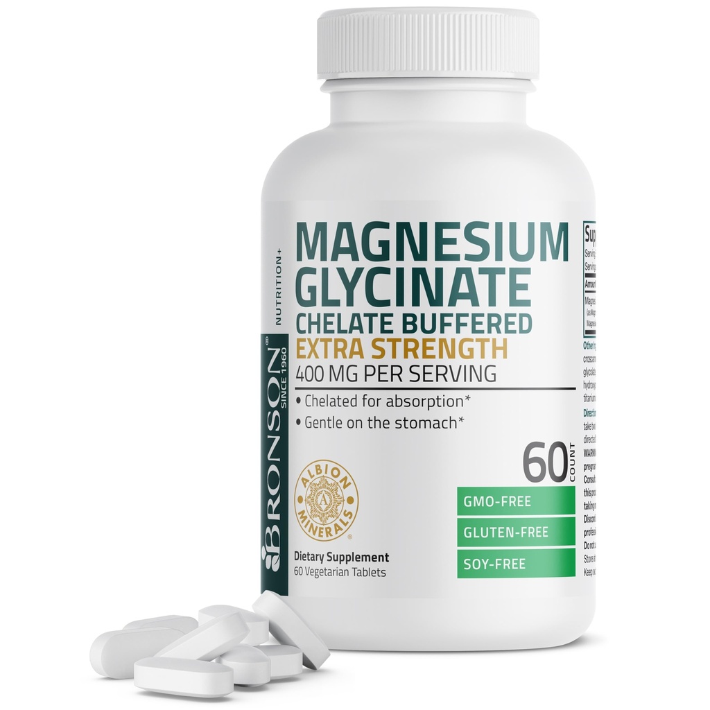 Bronson Magnesium Glycinate 400 mg extra sterkte, vegetarisch, chelated for Absorptie Voorzichtig op de maag, niet-GMO, 60 tabletten