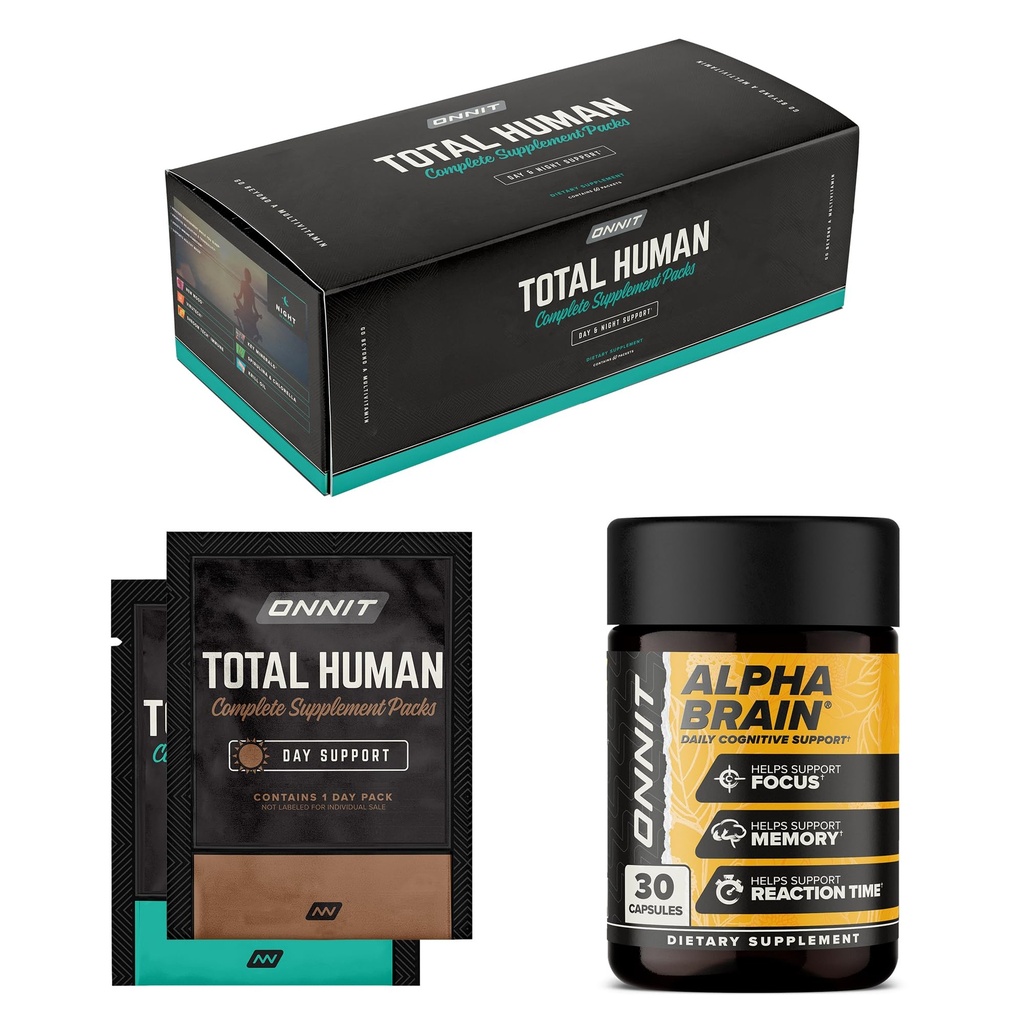 ONNIT Premium Alpha Cerveau Bundle - Supplément Cerveau Nootropique (30 comtes) pour Focus, Concentration et Mémoire + Total des paquets de vitamines de jour et de nuit pour les hommes et les femmes (30 jours)