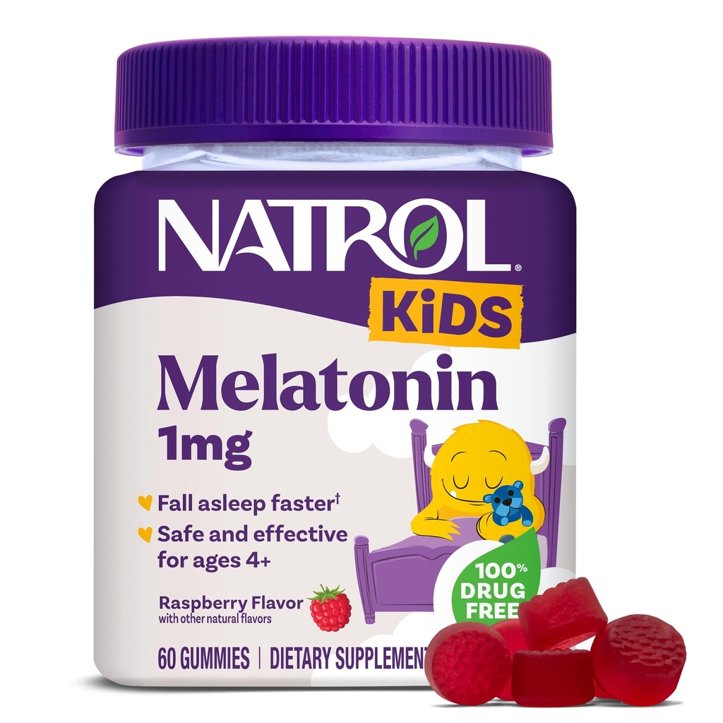 Natrol Kids Melatonine Gummies 1mg, Kinderen Melatonine voor Rustige Slaap, 60 Raspberry-Gearomatiseerde Slaap Gummies, 60 dagen levering