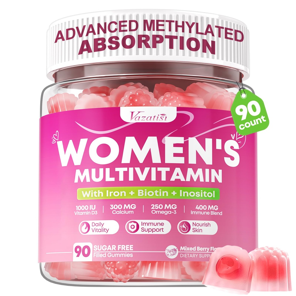 90 Count Womens Multivitamin Gummy, Methylated Multivitamin for Women with Iron, Biotin, Vitamins A, C, E, D3, K2 and B Complex for Beauty, Immune, Hair & Skin, Vegan, Sugar Free, Mixed Berry Flavor