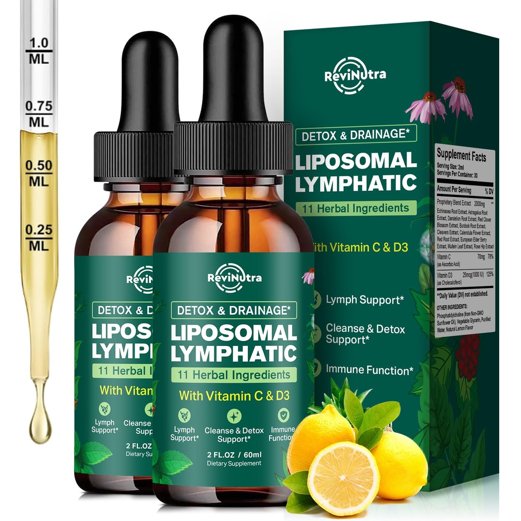 Liposomal Lymphatic Drainage Liquid Drops - Lymphatic Support Supplement with Dandelion Root, Cleavers, Echinacea, Calendula for Immune, Detox Cleanse, Lymph System Support, Lemon Flavor, 4 Fl Oz