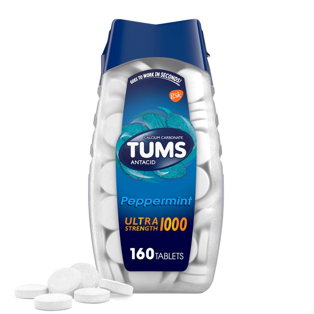 TUMS Comprimés antiacides chirurgicaux ultra-forts pour le soulagement des brûlures d'estomac, menthe poivrée - 160 Compte
