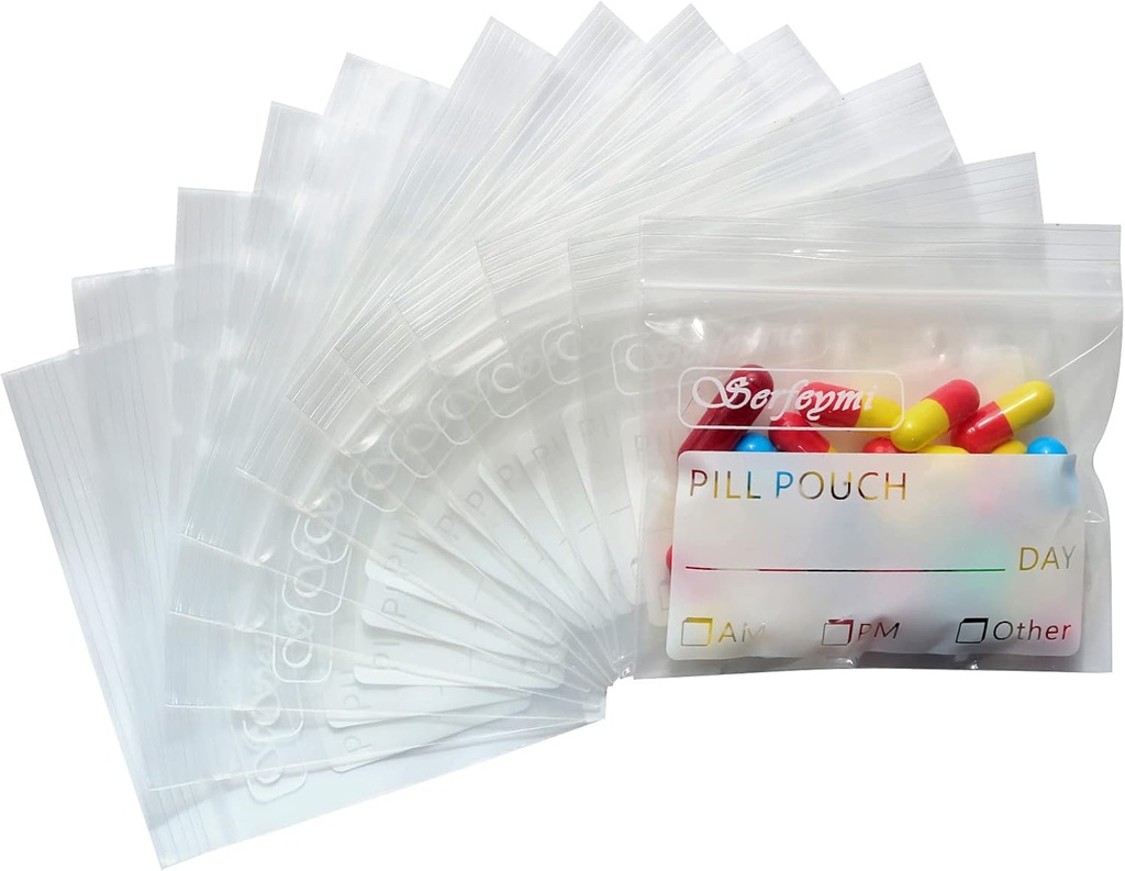 Serfeymi Pill Bags for Travel Pill Pouch Organizer Pack van 120 BPA Gratis 3 x 2,75 inch Herbruikbare Pill Zakken voor Geneeskunde met Schrijf op Label & Zipper Seal Waterdichte AM PM Pill Baggies voor Supplementen