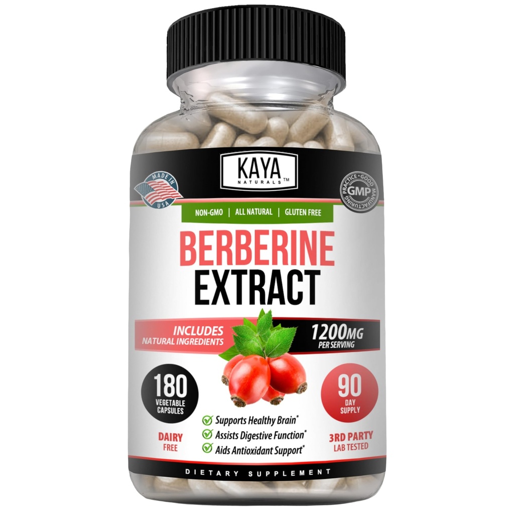 Kaya Naturals Berberine HCL Extract 1200mg - Immune System - Gluco Levels - Gut Health (Vegetarian, Non-GMO & Gluten-Free) Berberine Supplement (180 Count (Pack of 1))
