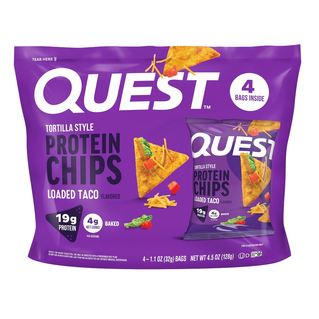 Quest Nutrition Loaded Taco Tortilla Style Protein Chips, 19g Protein, 4g Net Carb, Low Carb, Gluten Free, 1.1 oz (Pack of 4)